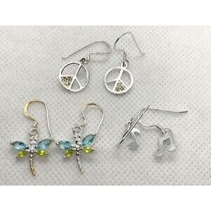 Lot of 3 Pairs Silver Tone Dangle Drop Pierced Earrings Dragonfly Music Peace‎